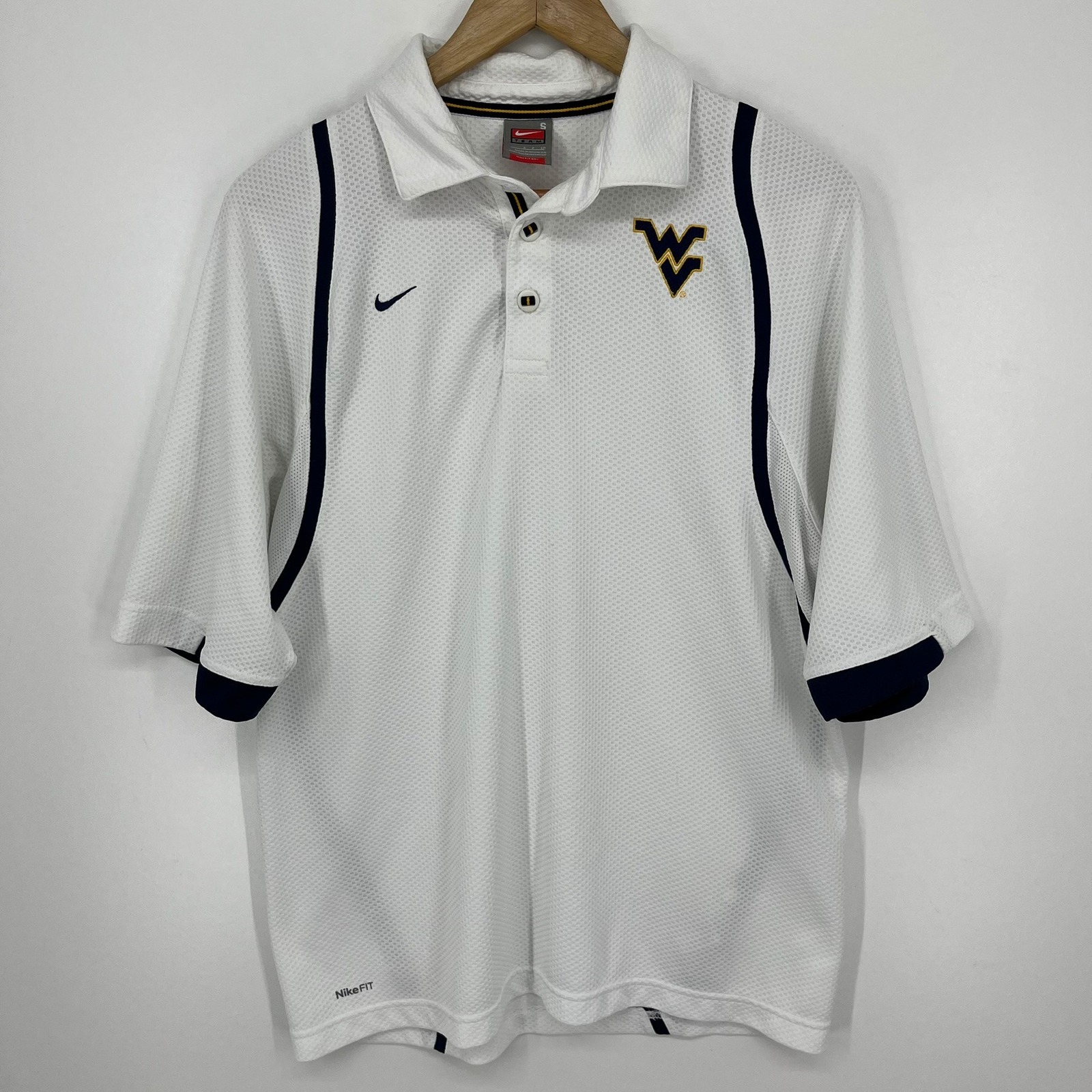 Nike West Virginia Mountaineers Polo Shirt Mens Small White Navy Blue Nike Fit